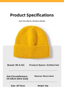 Detailed specs of ginger yellow knit beanie showing sheep cashmere texture and sizing info