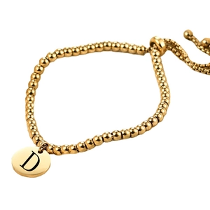 18K gold-plated stainless steel beaded bracelet with adjustable letter D charm