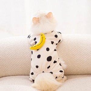 Cat pajamas with black polka dots and 3D banana decoration for small pets