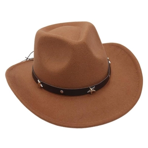 Close-up of brown wool felt cowboy hat featuring silver star studs on a black band