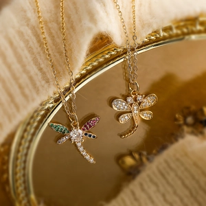 Dragonfly Pendant Necklace Gold Plated Copper Cubic Zirconia Dainty Fashion Jewelry For Women