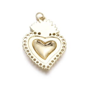 Detailed view of an 18K gold-plated heart pendant with hollow edges and a flame top