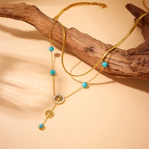 Double-layered gold-plated stainless steel necklace with turquoise beads and tree of life