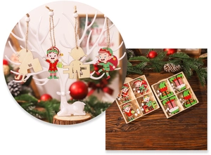 Detail of wooden Christmas elf pendants with twine ropes in a wooden storage box