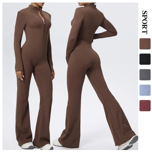 Combinaison De Yoga Pour Femmes Manches Longues Demi Zip Jambe Évasée Col Montant Sport Tight