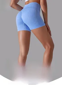 Close-up of light blue seamless high-waist yoga shorts with breathable fabric texture