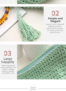 Détails de sac à main en coton tissé vert menthe avec pompons et fermeture éclair bleue