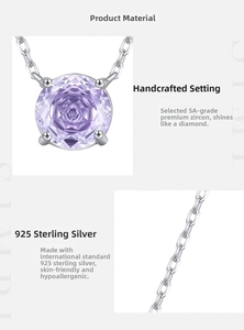 Macro detail of S925 sterling silver necklace with a 5A lavender rose-cut zircon stone