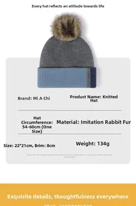 Size chart for color-block knit beanie with pom-pom detailing dimensions and material