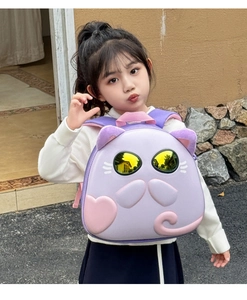 Toddler backpack with purple kitten design, cute 3D ears and round sunglasses detail