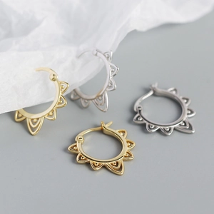 Vintage S925 silver hollow sunburst hoop earrings in gold and silver finishes