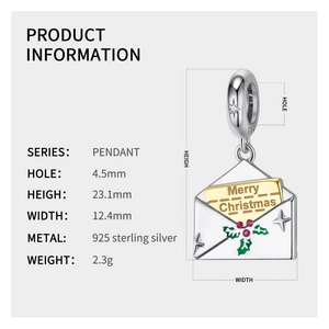 Detailed S925 sterling silver Christmas envelope pendant product information and size chart
