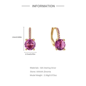 Detail view of 925 sterling silver hoop earrings with purple cubic zirconia and size dimensions