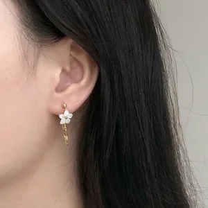 Elegant white shell flower earrings with 18K gold plated hanging long link chains