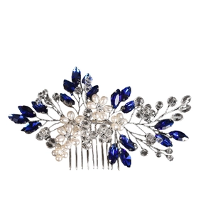 Handmade bridal hair comb with deep blue crystals and white pearls on silver wire