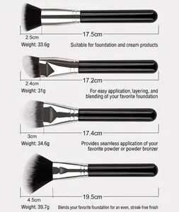 Detailed size chart of professional makeup brushes with dimensions and fiber weights