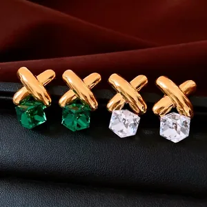 X-Shape Cross Drop Earrings With 925 Sterling Silver Earring Post Alloy Geometric Cube Glass Pendant Vintage Jewelry For Women