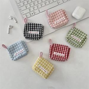 Mini Bolsa de Almacenamiento de Tela a Cuadros para Auriculares Estuche Protector Portátil Con Tapa y Velcro para Auriculares