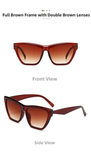 Front and 45-degree side view of vintage translucent tea cat eye sunglasses