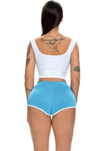 Rear view of woman in white racerback tank top and blue athletic shorts with white trim