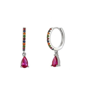Macro detail of S925 silver hoop earrings with rainbow pavé and pink pear drop charms