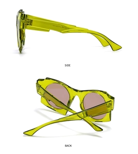 Detailed side and back view of neon yellow geometric sunglasses with tinted lenses