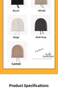 Detail view of winter knit beanies in multiple colors with adjustable drawstrings