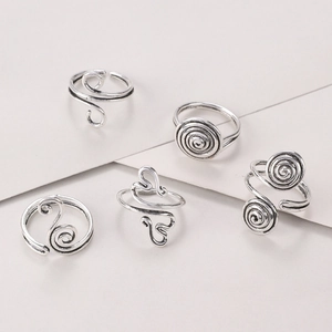 Retro silver spiral ring set for women with bohemian geometric wire wrap designs