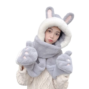 Winter plush 3-in-1 grey hooded scarf and gloves set with cute rabbit ears and paw prints