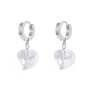 Polished silver hoop earrings with white shell heart-shaped leaf pendants for women