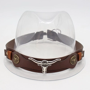 Detail of vintage brown leather hat band with silver bull head and bronze emblems