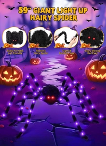 Macro detail of a 59-inch giant spider featuring glowing red eyes and purple lighted legs