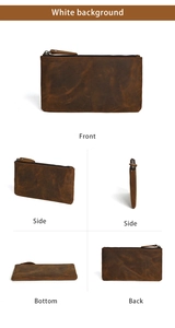 Five-view composite of a vintage brown crazy horse leather zipper pouch showing all angles