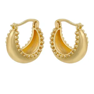 Retro style 18K gold plated brass hoop earrings with bead edge design, 17mm size