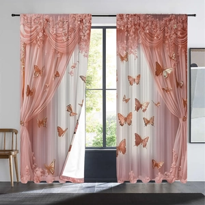 Detailed view of pink gradient sheer curtains with 3D butterfly and floral embroidery