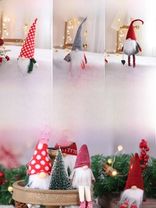 Detail view of plush Swedish Christmas gnomes with LED lights and knitted holiday patterns