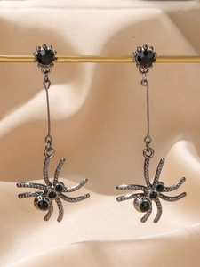 Gothic punk style spider dangle earrings with black crystals in antique silver finish