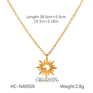 Detailed view of sunflower pendant necklace in gold with size and weight annotations