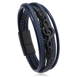 Multi-layer navy blue and black leather braided bracelet with music note magnetic clasp