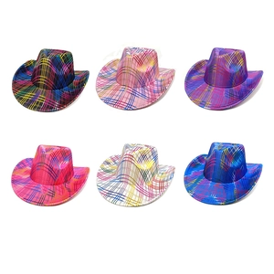 Rainbow Metallic Grid Western Cowboy Hat Polyester Shiny Colorful Festival Carnival Disco Costume Accessories Men Women