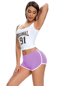 Detail of white racerback tank top with Original 91 print and purple athletic shorts