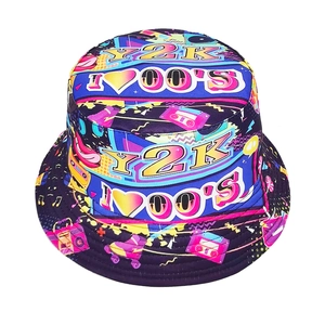 Vintage Y2K bucket hat with colorful retro boombox and roller skate print in dark purple