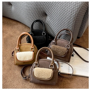 Top view of plush tote bags in four seasonal colors with sherpa texture and leather handles