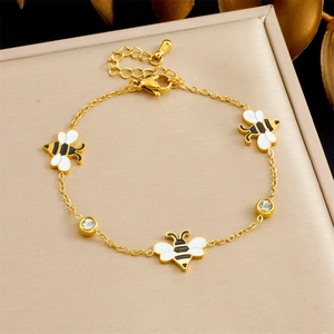 Stainless Steel Honeybee Charm Bracelet Gold Plated Enamel Insect Jewelry With Zircon Adjustable Chain For Women
