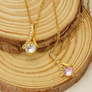 Elegant gold plated stainless steel necklaces with white and pink zircon pendants