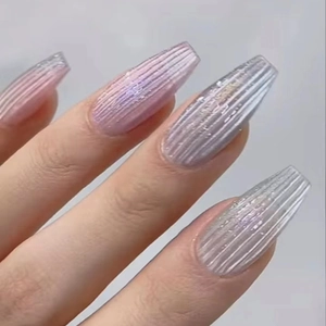 Long Ballerina Press On Nails Cat Eye Effect Vertical Stripes Embossed Texture Elegant Luxury Style False Nails For Women