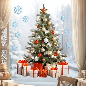 Detail view of snowflake window decals and decorated Christmas tree with gift boxes