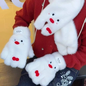 Plush white penguin scarf and gloves set with thick faux fur for winter warmth