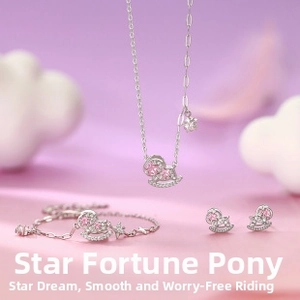 Detailed set of silver rocking horse jewelry with pink and white zircon stones