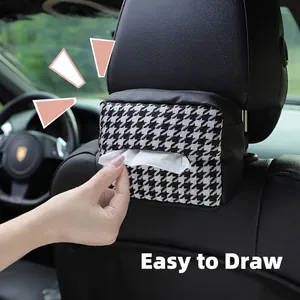 Knitted houndstooth car tissue box holder hanging on leather headrest for stylish auto interior